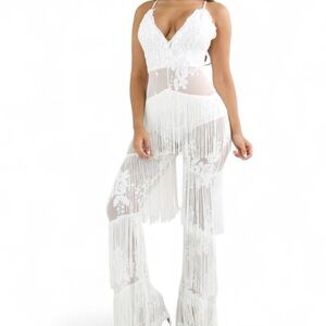Banjul White Fringe Lace Jumpsuit – Boho Festival Bridal Vibes – Small